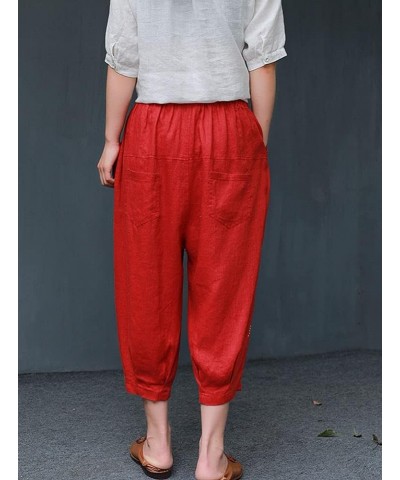 Women's Cropped Harem Pants Elastic Waist Pull On Wide Leg Trousers with Pockets Red $17.47 Pants