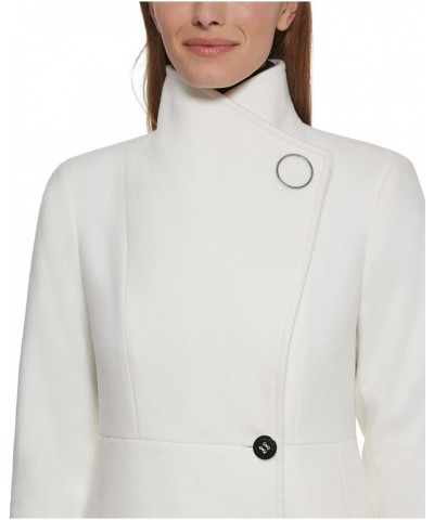 Women's Ring Snap Detail Asymmetrical Closure Stand Collar Welt Pockets Coat White $77.50 Jackets