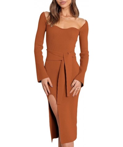 Women's 2023 Fall Long Sleeve Sweetheart Neck Tie Waist Slit Side Kibbed Knit Slim Bodycon Midi Sweater Dress Orange $26.51 S...