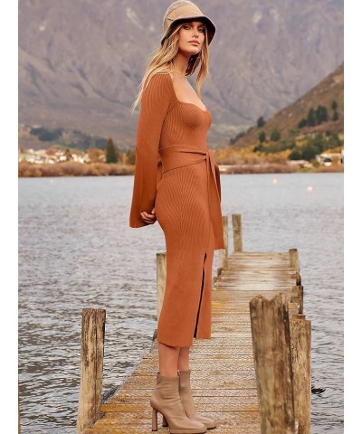 Women's 2023 Fall Long Sleeve Sweetheart Neck Tie Waist Slit Side Kibbed Knit Slim Bodycon Midi Sweater Dress Orange $26.51 S...