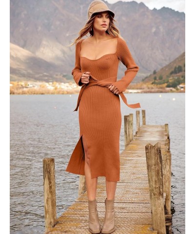 Women's 2023 Fall Long Sleeve Sweetheart Neck Tie Waist Slit Side Kibbed Knit Slim Bodycon Midi Sweater Dress Orange $26.51 S...