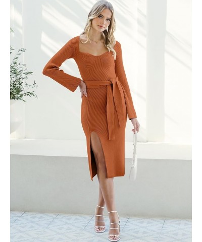 Women's 2023 Fall Long Sleeve Sweetheart Neck Tie Waist Slit Side Kibbed Knit Slim Bodycon Midi Sweater Dress Orange $26.51 S...