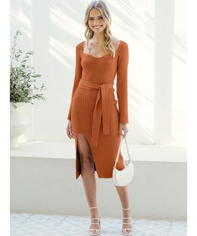 Women's 2023 Fall Long Sleeve Sweetheart Neck Tie Waist Slit Side Kibbed Knit Slim Bodycon Midi Sweater Dress Orange $26.51 S...