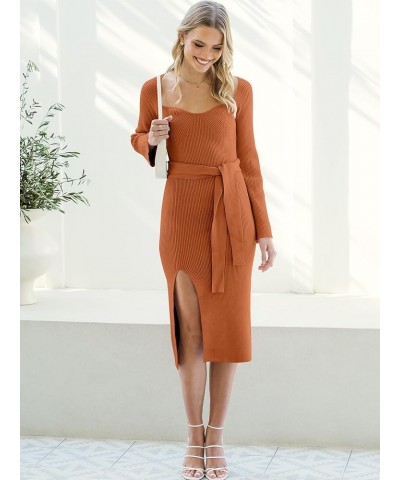 Women's 2023 Fall Long Sleeve Sweetheart Neck Tie Waist Slit Side Kibbed Knit Slim Bodycon Midi Sweater Dress Orange $26.51 S...