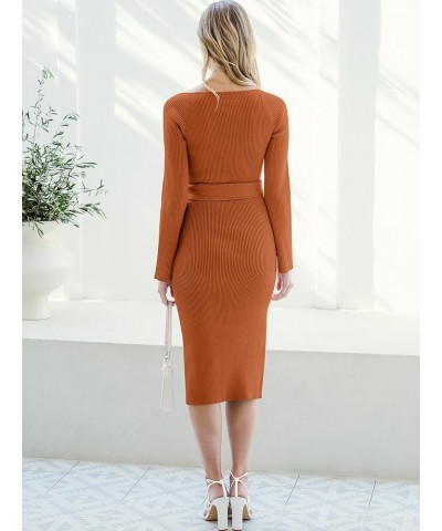 Women's 2023 Fall Long Sleeve Sweetheart Neck Tie Waist Slit Side Kibbed Knit Slim Bodycon Midi Sweater Dress Orange $26.51 S...