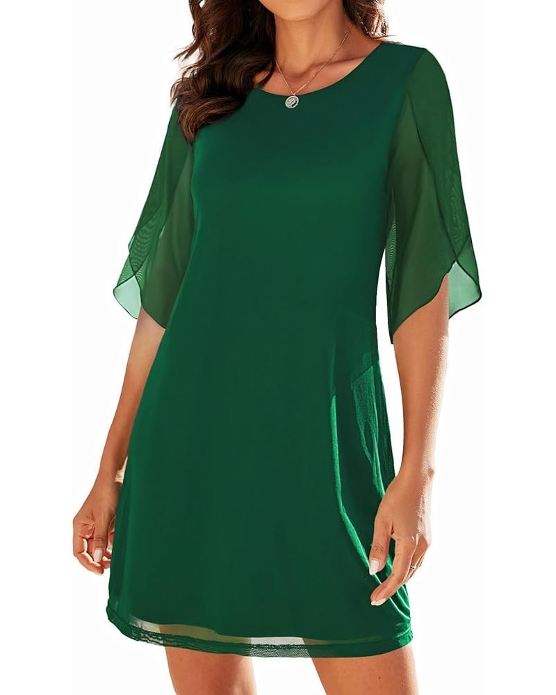 Women's Ruffle 3/4 Sleeve Stretchy Mesh Dress Casual Scoop Neck Elegant Cocktail Dresses for Women Evening Party Dark Green $...