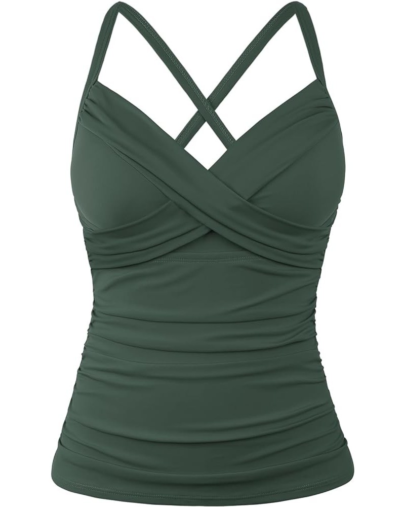 Women's Underwire Tankini Top Cross Front V Neck Push Up Swim Top Ruched Tummy Control Bathing Suit Tops Deep Army Green $22....