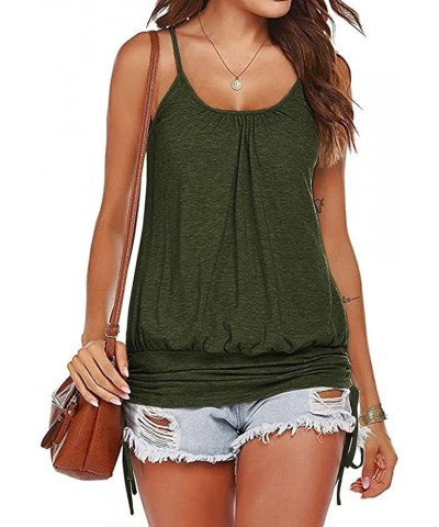 Women Summer Tank Tops Casual Spaghetti Strap Banded Bottom Loose Camisole Side Shirring Lace Up Shirts Army Green $11.51 Tanks