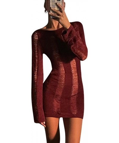 Women Long Sleeve Backless Knit Mini Dress Y2k Crochet Hollow Out See-Through Dress Party Clubwear Wine Red $16.11 Dresses