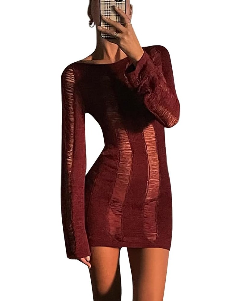 Women Long Sleeve Backless Knit Mini Dress Y2k Crochet Hollow Out See-Through Dress Party Clubwear Wine Red $16.11 Dresses