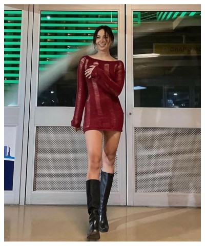 Women Long Sleeve Backless Knit Mini Dress Y2k Crochet Hollow Out See-Through Dress Party Clubwear Wine Red $16.11 Dresses