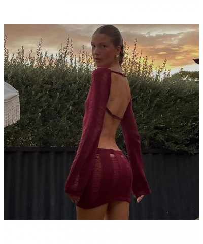 Women Long Sleeve Backless Knit Mini Dress Y2k Crochet Hollow Out See-Through Dress Party Clubwear Wine Red $16.11 Dresses