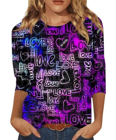 Women's 3/4 Sleeve Shirts Cute Valentine's Day Love Print Graphic Tees Blouses Casual Plus Size Basic Tops Pullover 3-purple ...