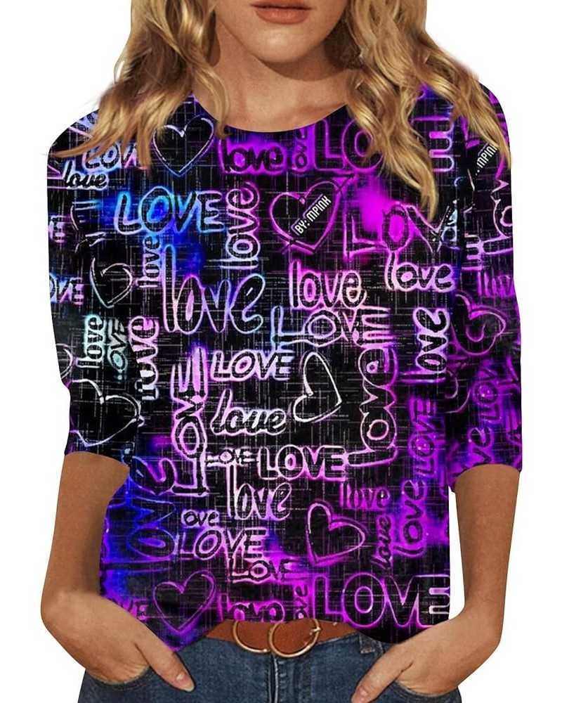 Women's 3/4 Sleeve Shirts Cute Valentine's Day Love Print Graphic Tees Blouses Casual Plus Size Basic Tops Pullover 3-purple ...