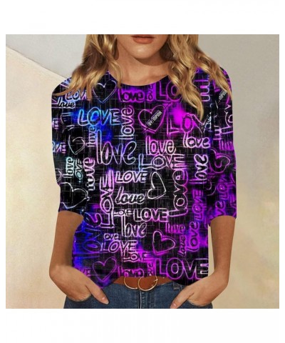 Women's 3/4 Sleeve Shirts Cute Valentine's Day Love Print Graphic Tees Blouses Casual Plus Size Basic Tops Pullover 3-purple ...