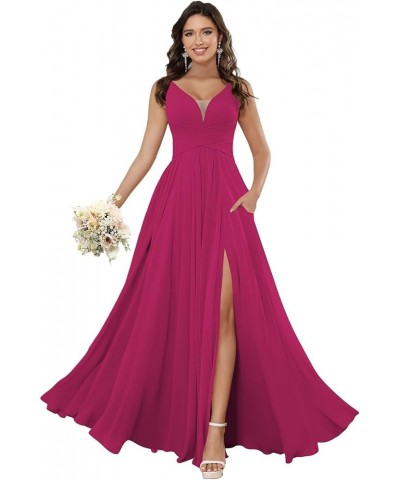 Women's V Neck Bridesmaid Dresses for Women Chiffon Ruched Formal Evening Dress with Silt PU119 Fuchsia $34.10 Dresses