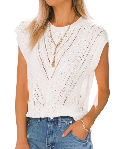 Womens Cap Sleeve Tops Summer Crew Neck Shirt Lightweight Crochet Knit Sweater 1a-white $19.59 Sweaters