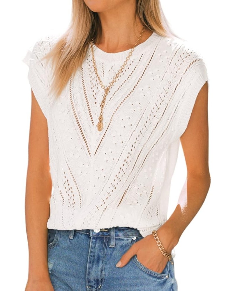 Womens Cap Sleeve Tops Summer Crew Neck Shirt Lightweight Crochet Knit Sweater 1a-white $19.59 Sweaters