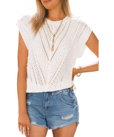 Womens Cap Sleeve Tops Summer Crew Neck Shirt Lightweight Crochet Knit Sweater 1a-white $19.59 Sweaters