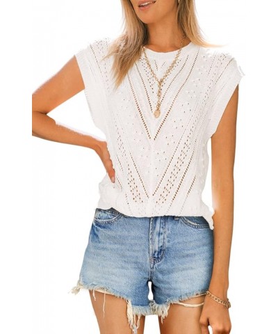 Womens Cap Sleeve Tops Summer Crew Neck Shirt Lightweight Crochet Knit Sweater 1a-white $19.59 Sweaters