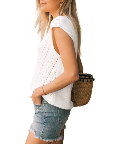 Womens Cap Sleeve Tops Summer Crew Neck Shirt Lightweight Crochet Knit Sweater 1a-white $19.59 Sweaters