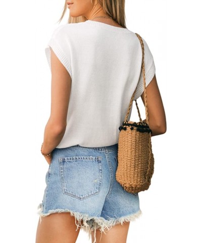 Womens Cap Sleeve Tops Summer Crew Neck Shirt Lightweight Crochet Knit Sweater 1a-white $19.59 Sweaters