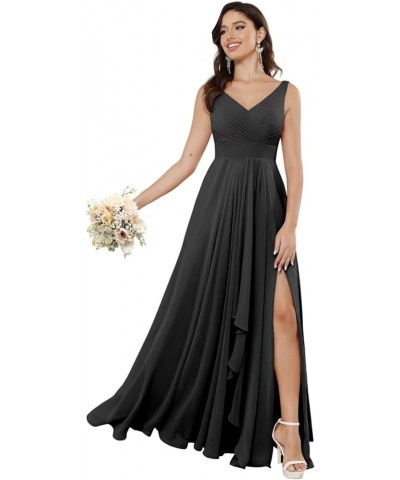 Double V Neck Ruffle Chiffon Bridesmaid Dresses Long with Slit Ruched A Line Formal Evening Dresses Black $33.47 Dresses