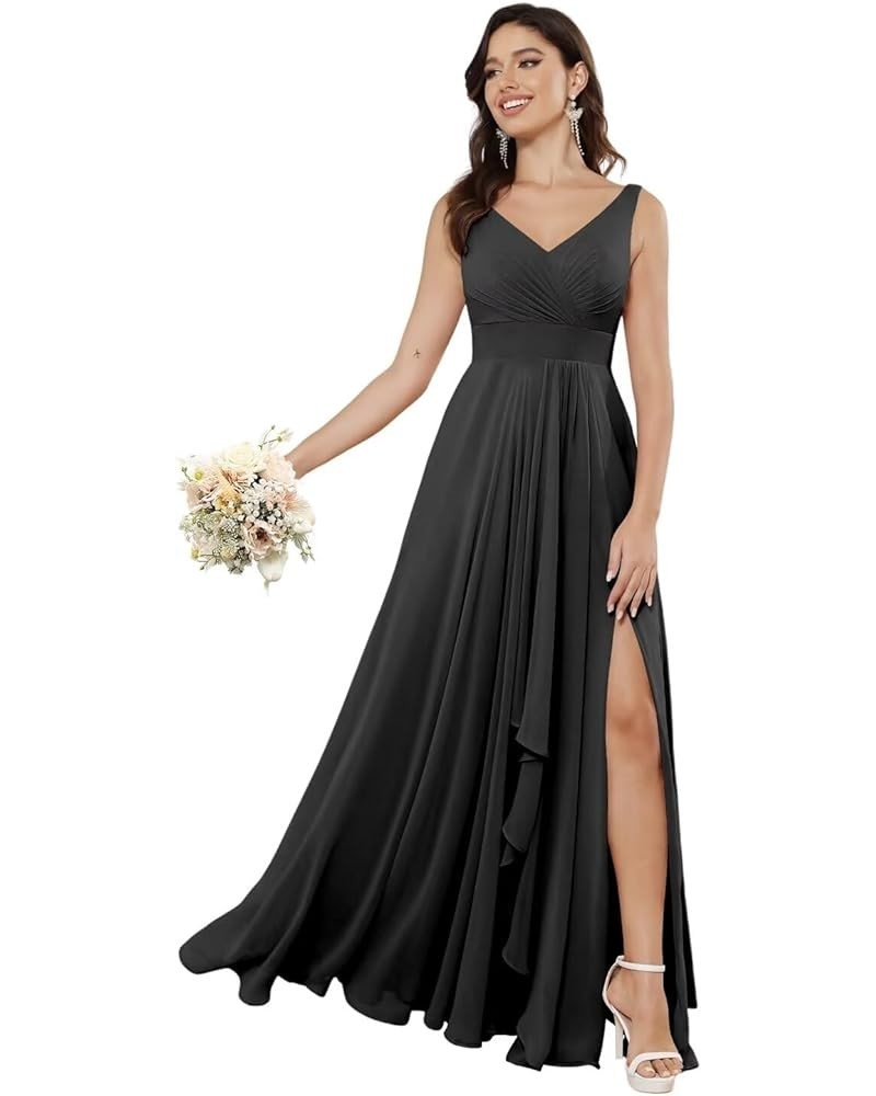 Double V Neck Ruffle Chiffon Bridesmaid Dresses Long with Slit Ruched A Line Formal Evening Dresses Black $33.47 Dresses