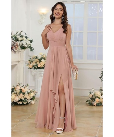 Double V Neck Ruffle Chiffon Bridesmaid Dresses Long with Slit Ruched A Line Formal Evening Dresses Black $33.47 Dresses