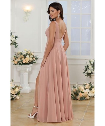 Double V Neck Ruffle Chiffon Bridesmaid Dresses Long with Slit Ruched A Line Formal Evening Dresses Black $33.47 Dresses