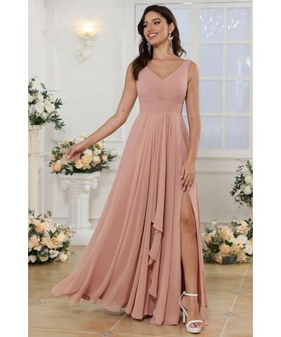 Double V Neck Ruffle Chiffon Bridesmaid Dresses Long with Slit Ruched A Line Formal Evening Dresses Black $33.47 Dresses