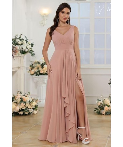 Double V Neck Ruffle Chiffon Bridesmaid Dresses Long with Slit Ruched A Line Formal Evening Dresses Black $33.47 Dresses