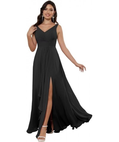 Double V Neck Ruffle Chiffon Bridesmaid Dresses Long with Slit Ruched A Line Formal Evening Dresses Black $33.47 Dresses