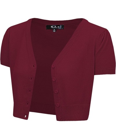 Women's Cropped Bolero Cardigan – Short Sleeve V-Neck Basic Classic Casual Button Down Knit Soft Sweater Top (S-4XL) Burgundy...