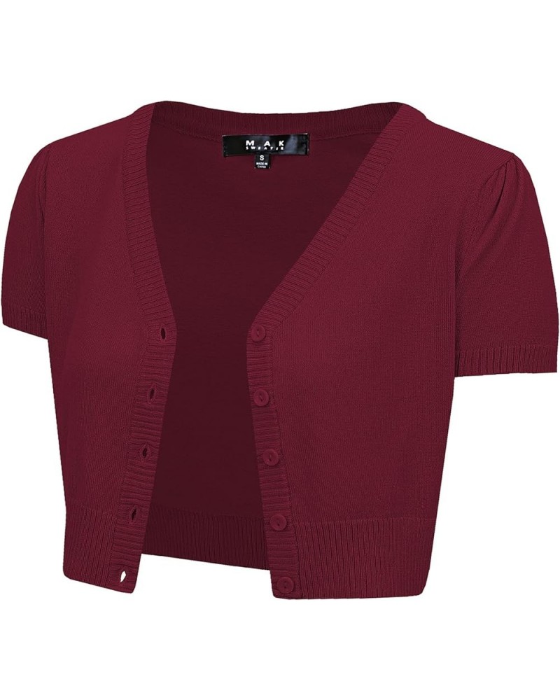 Women's Cropped Bolero Cardigan – Short Sleeve V-Neck Basic Classic Casual Button Down Knit Soft Sweater Top (S-4XL) Burgundy...