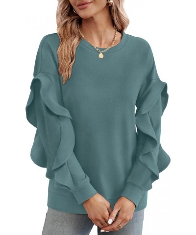 Womens Fall Tops Ruffle Long Sleeve Sweatshirts Lightweight Crewneck Tunic Dressy Casual 05-blue $11.39 Hoodies & Sweatshirts