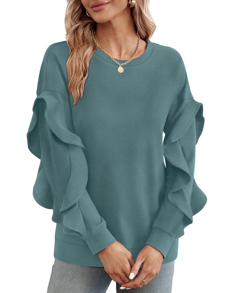 Womens Fall Tops Ruffle Long Sleeve Sweatshirts Lightweight Crewneck Tunic Dressy Casual 05-blue $11.39 Hoodies & Sweatshirts