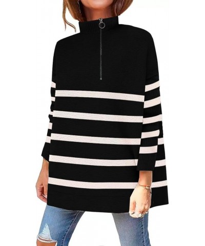 Women's Turtleneck Oversized Sweaters Long Sleeve Split Hem Striped Knit Pullover Tops St006blackstripe $17.20 Others