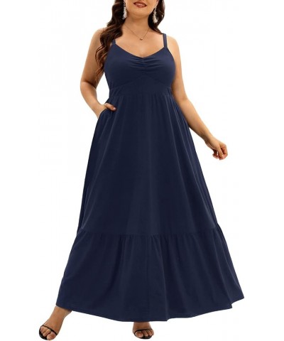 Women's Plus Size Maxi Dress Summer Spaghetti Strap Ruched Bust Tiered Long Casual Flowy Sundress Navy Blue $19.03 Dresses