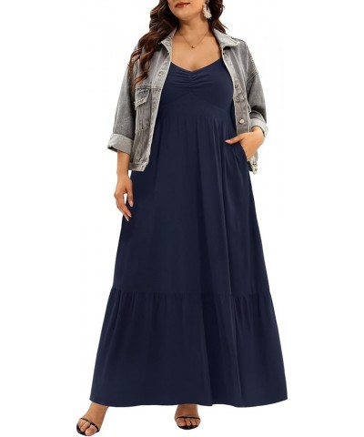 Women's Plus Size Maxi Dress Summer Spaghetti Strap Ruched Bust Tiered Long Casual Flowy Sundress Navy Blue $19.03 Dresses