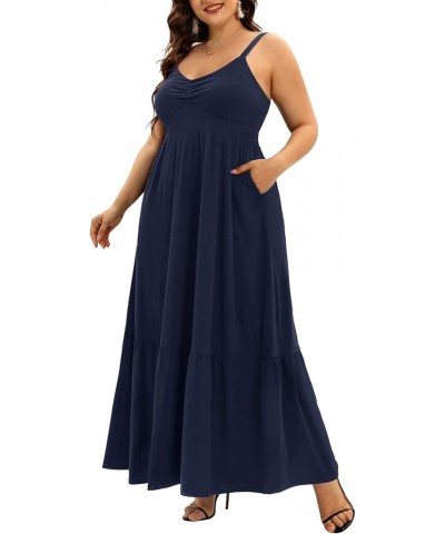 Women's Plus Size Maxi Dress Summer Spaghetti Strap Ruched Bust Tiered Long Casual Flowy Sundress Navy Blue $19.03 Dresses