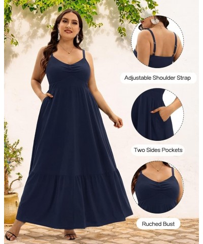 Women's Plus Size Maxi Dress Summer Spaghetti Strap Ruched Bust Tiered Long Casual Flowy Sundress Navy Blue $19.03 Dresses