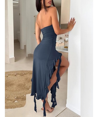 Women's Sexy Strapless Tube Top Bodycon Dresses Irregular Ruffle Tassel High Split Midi Club Dress Grey Blue $17.94 Dresses