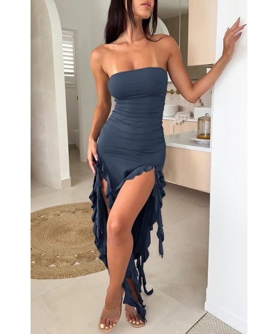 Women's Sexy Strapless Tube Top Bodycon Dresses Irregular Ruffle Tassel High Split Midi Club Dress Grey Blue $17.94 Dresses