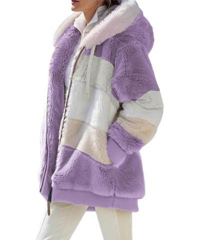 Lamb Wool Padded Coat, Contrasting Lamb Wool Padded Coat, Loose Thick Plush Hooded Jackets Purple $20.29 Coats