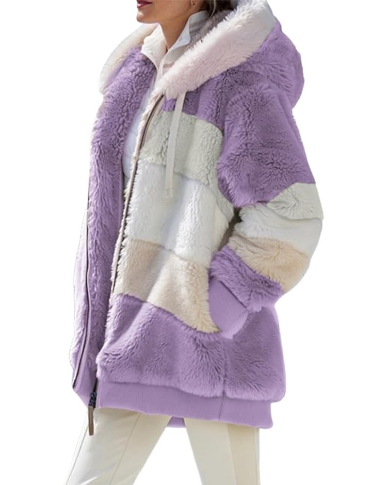 Lamb Wool Padded Coat, Contrasting Lamb Wool Padded Coat, Loose Thick Plush Hooded Jackets Purple $20.29 Coats