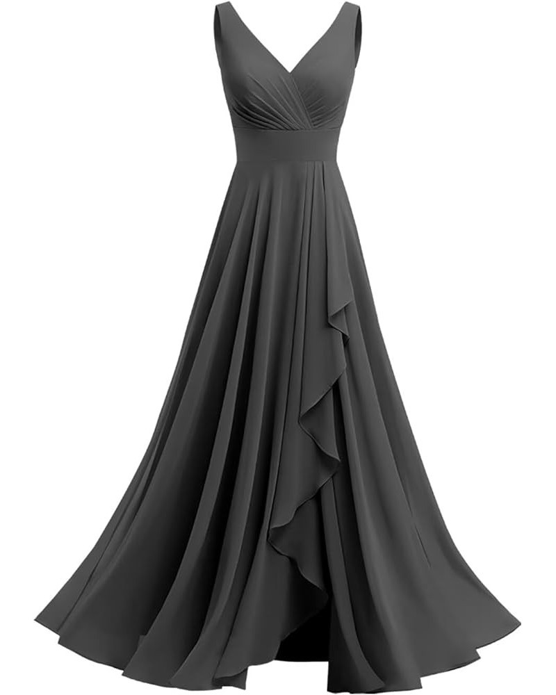 Double V Neck Bridesmaid Dress Long 2024 Flowy Chiffon Wedding Guest Dresses with Pockets SYYS411 Black-1 $26.95 Dresses