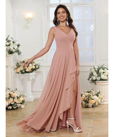 Double V Neck Bridesmaid Dress Long 2024 Flowy Chiffon Wedding Guest Dresses with Pockets SYYS411 Black-1 $26.95 Dresses