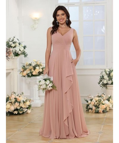 Double V Neck Bridesmaid Dress Long 2024 Flowy Chiffon Wedding Guest Dresses with Pockets SYYS411 Black-1 $26.95 Dresses