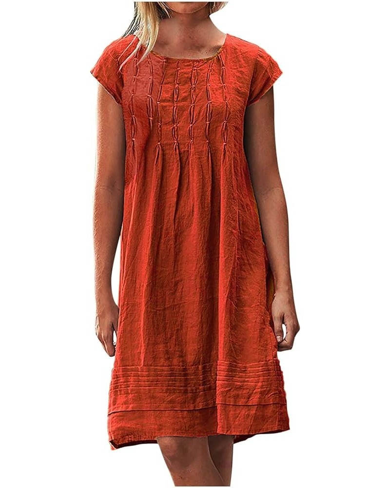 Vintage Summer Cotton Linen Dress for Women Casual Short Sleeve Ruched T Shirts Dress Loose Fit A-Line Beach Sundress Orange ...